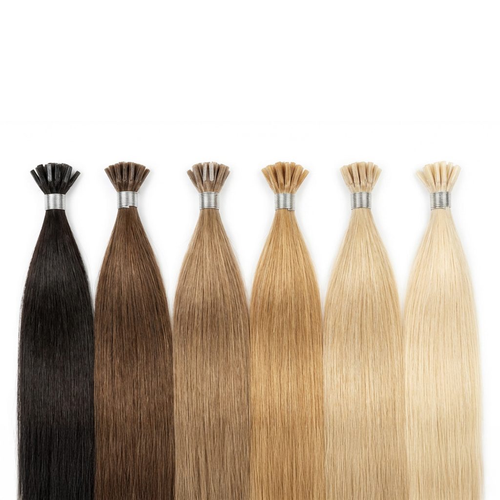 The Entrepreneur’s Guide to Turning Ideas Into Profitable Premium 100% virgin remy cuticle human hair reinforced thread wrapped I-tip stick extensions in a full color gradient from black to blonde for B2B wholesale salons.