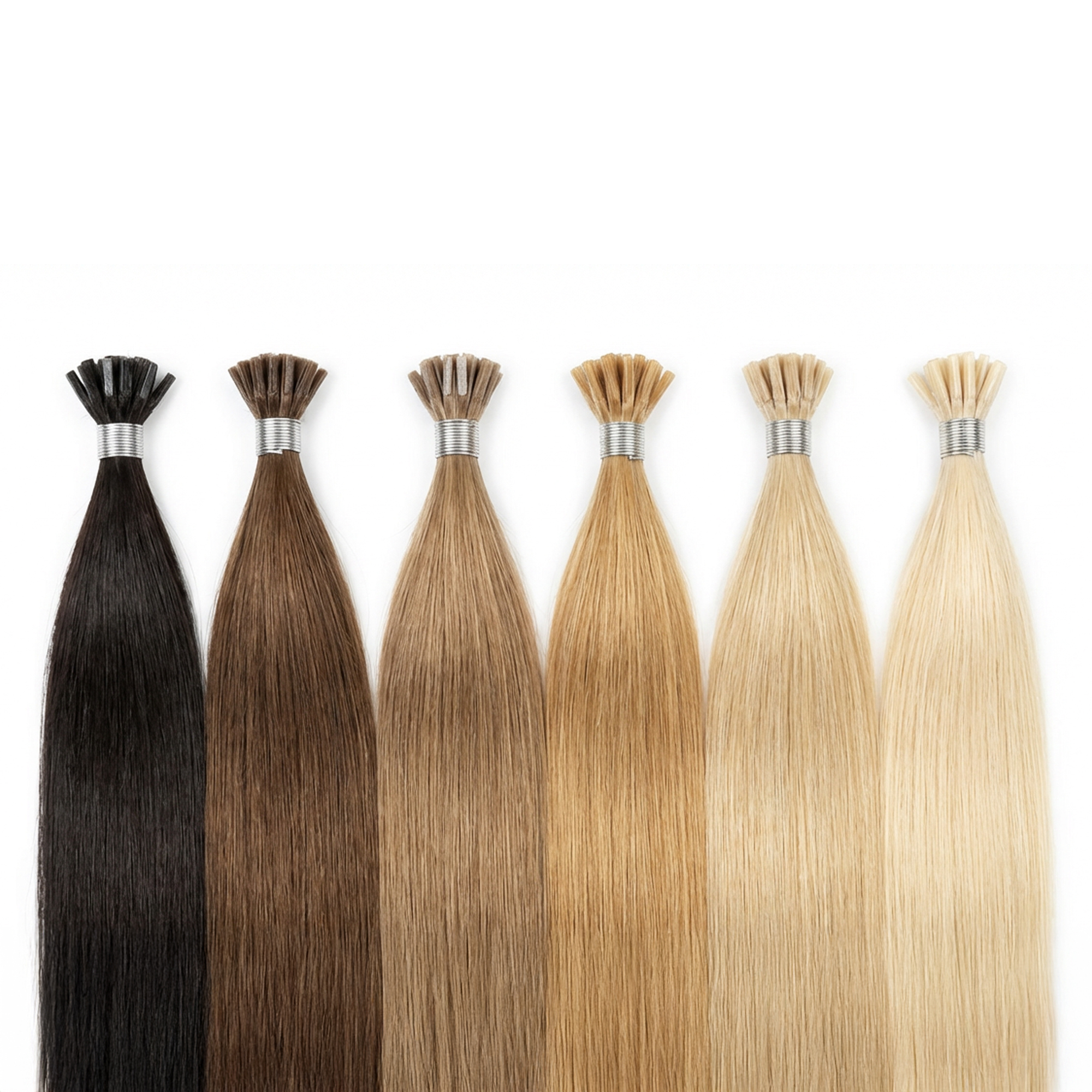 Premium 100% virgin remy cuticle human hair reinforced thread wrapped I-tip stick extensions in a full color gradient from black to blonde for B2B wholesale salons.