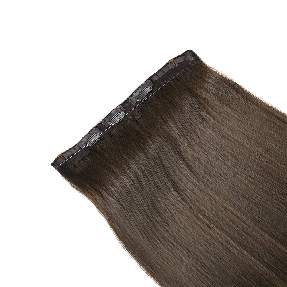Products Premium 100% virgin remy cuticle human hair classic halo clip in extensions single wide weft with 4 clips in brown color for B2B e-commerce wholesale.