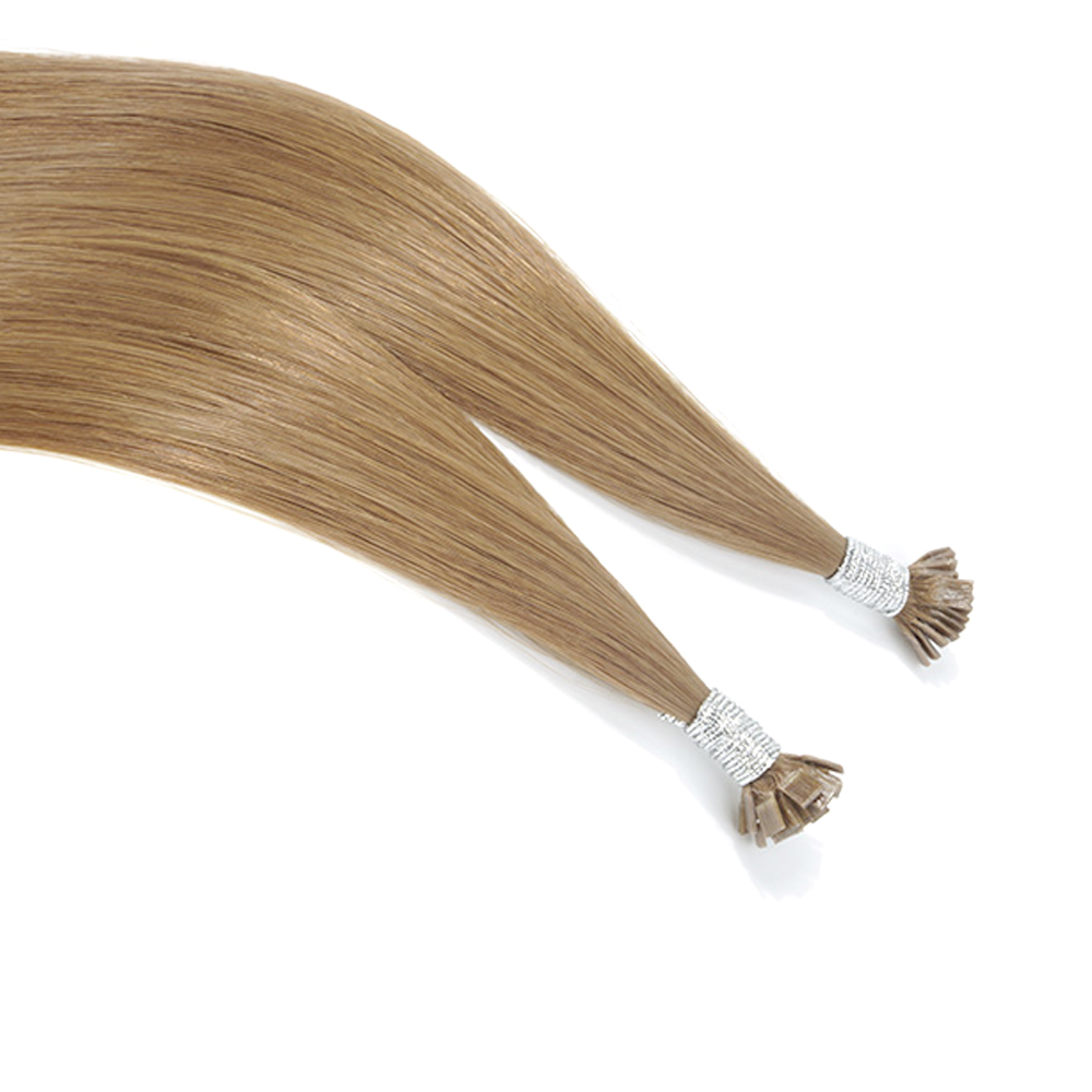 Products Premium 100% virgin remy cuticle human hair reinforced thread wrapped U-tip nail tip keratin extensions in warm golden blonde for B2B wholesale salons.