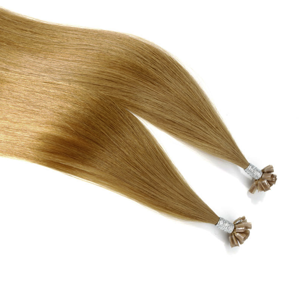 Products Premium 100% virgin remy cuticle human hair U-tip nail tip keratin extensions in warm blonde for B2B wholesale salons and brands.