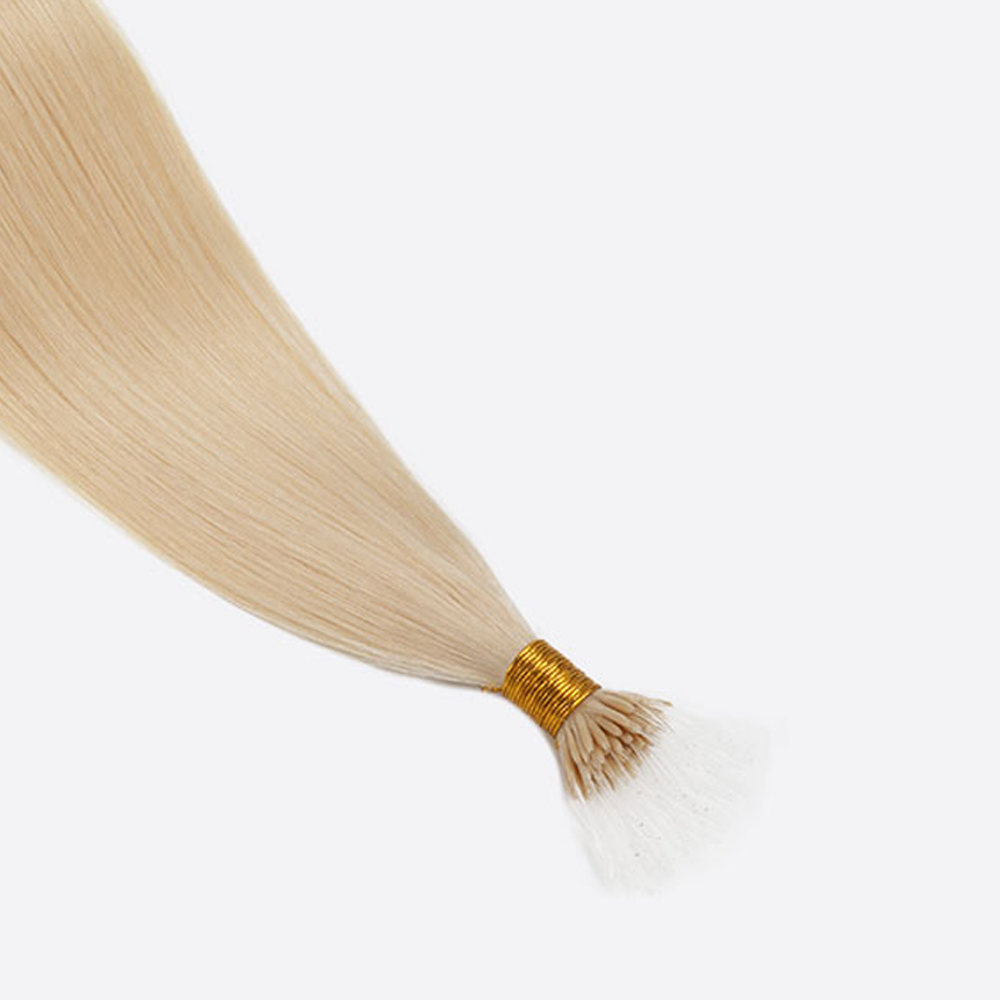 Products Premium 100% virgin remy cuticle human hair flexible flex tip extensions with gold thread wrapping in platinum blonde for B2B wholesale salons.