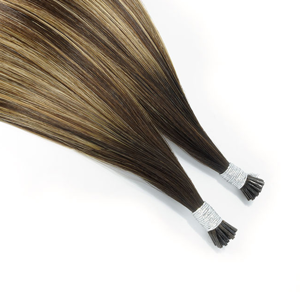 Products Premium 100% virgin remy cuticle human hair I-tip stick tip extensions in highlighted piano color for cold fusion B2B wholesale salons.
