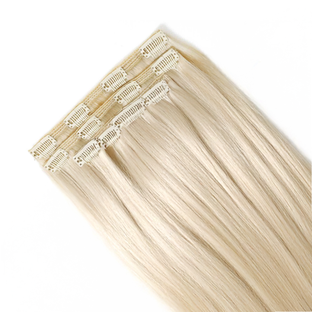 Products Premium 100% virgin remy cuticle human hair classic lace clip in extensions set in platinum blonde for e-commerce B2B wholesale.