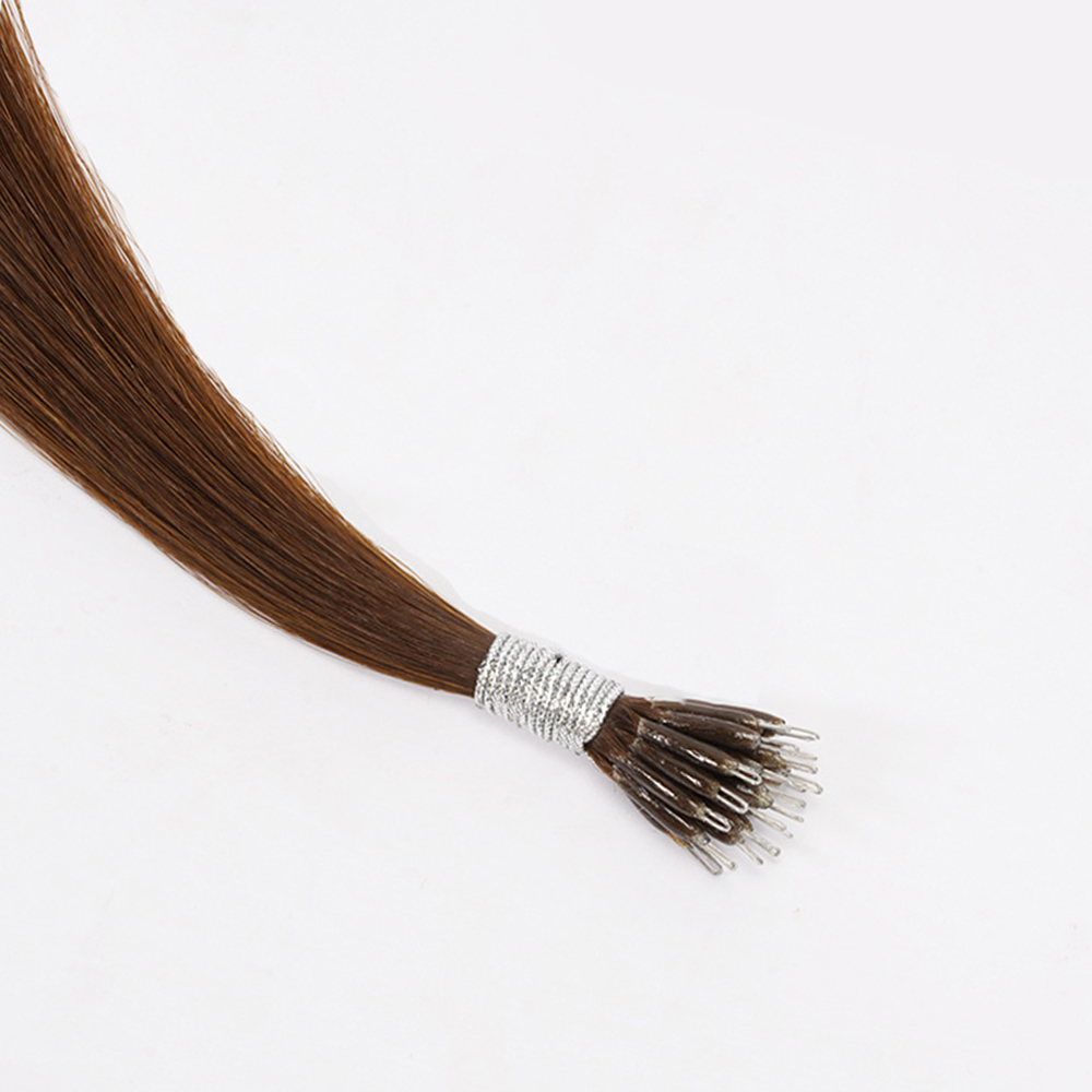 Products Premium 100% virgin remy cuticle human hair classic metal wire nano ring extensions wrapped in silver thread in dark brown for B2B wholesale salons.