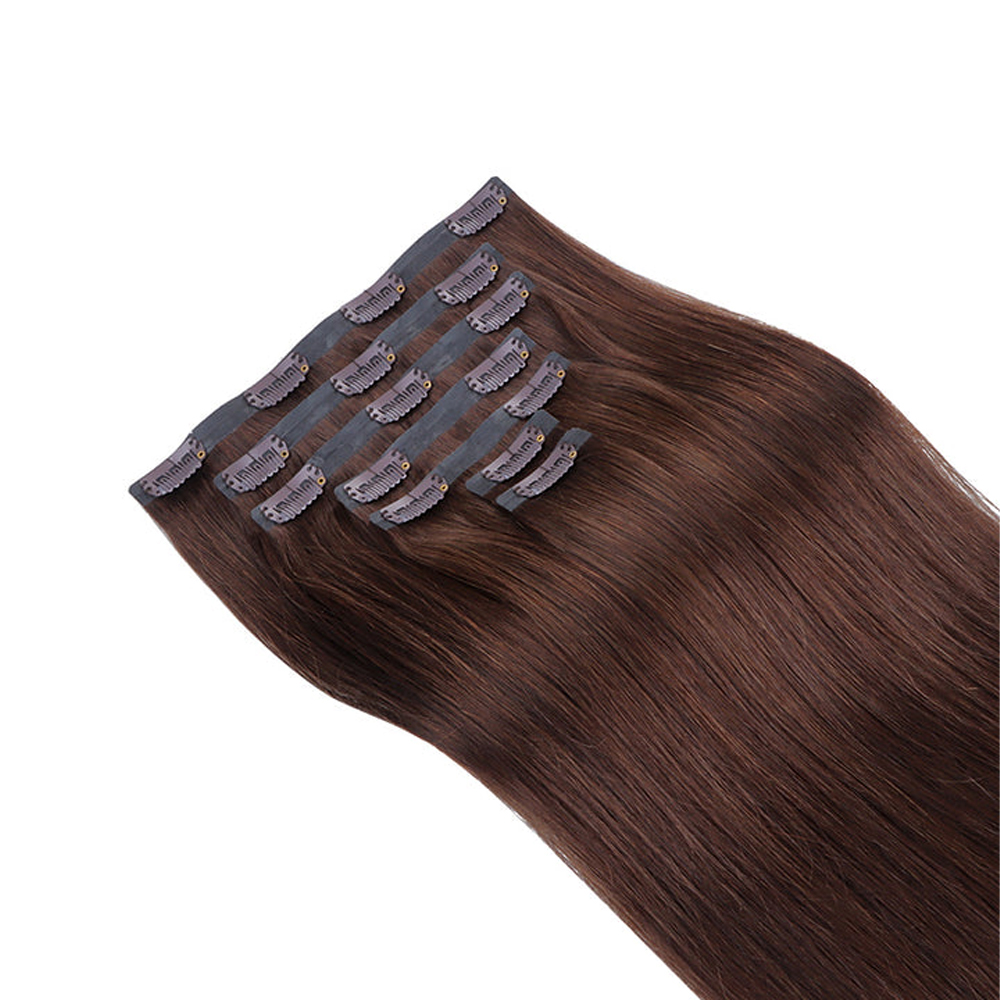 Products Premium 100% virgin remy cuticle human hair seamless PU clip in extensions full head set in dark chocolate brown for e-commerce B2B wholesale.