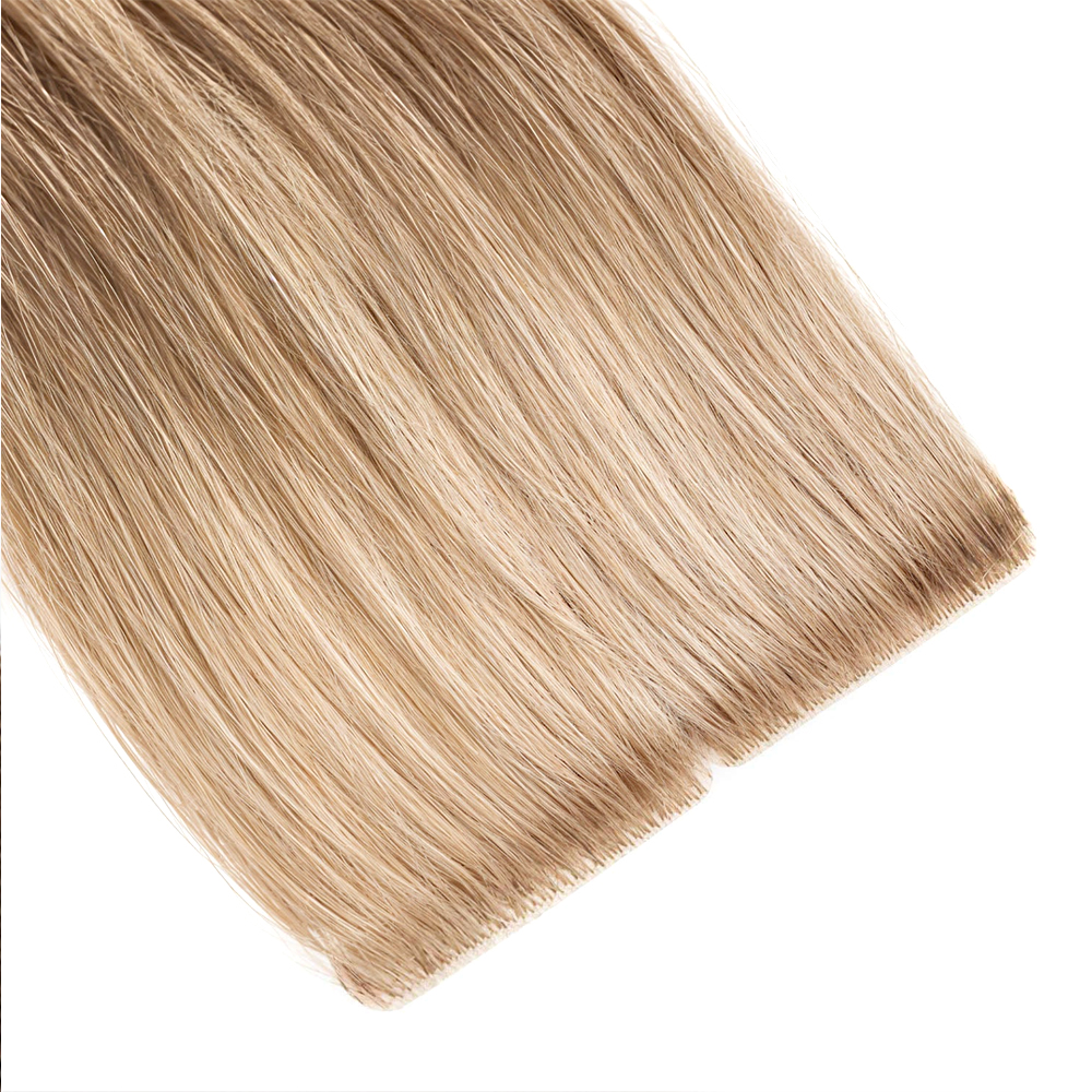 Products Extreme close-up of premium 100% virgin remy cuticle human hair injection tape extensions mimicking natural scalp growth in blonde for B2B wholesale salons.