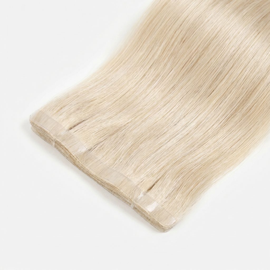 Products Premium 100% virgin remy cuticle human hair long tape weft extensions continuous PU track in platinum blonde for B2B wholesale salons and brands.