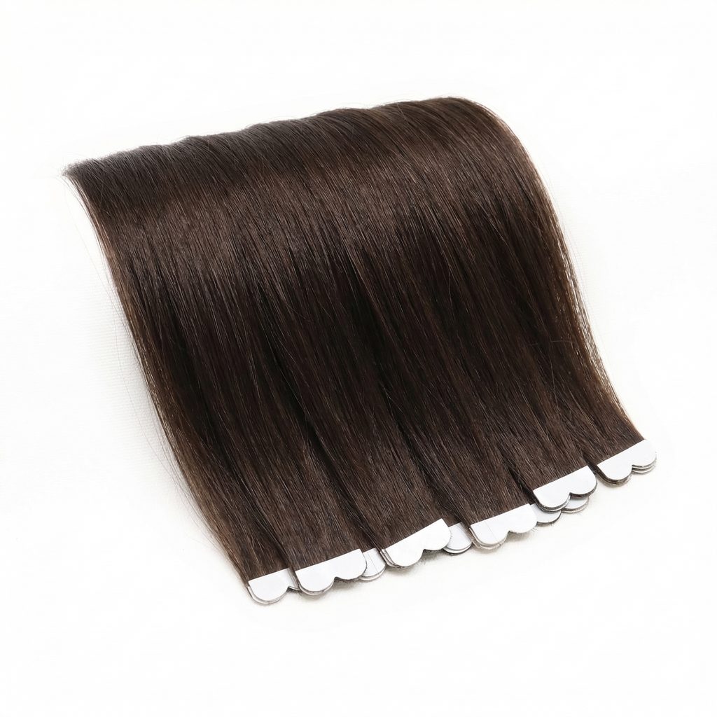 Products Premium 100% virgin remy cuticle human hair pre-cut mini tape extensions with scalloped edges in dark brown for B2B wholesale salons and online brands.