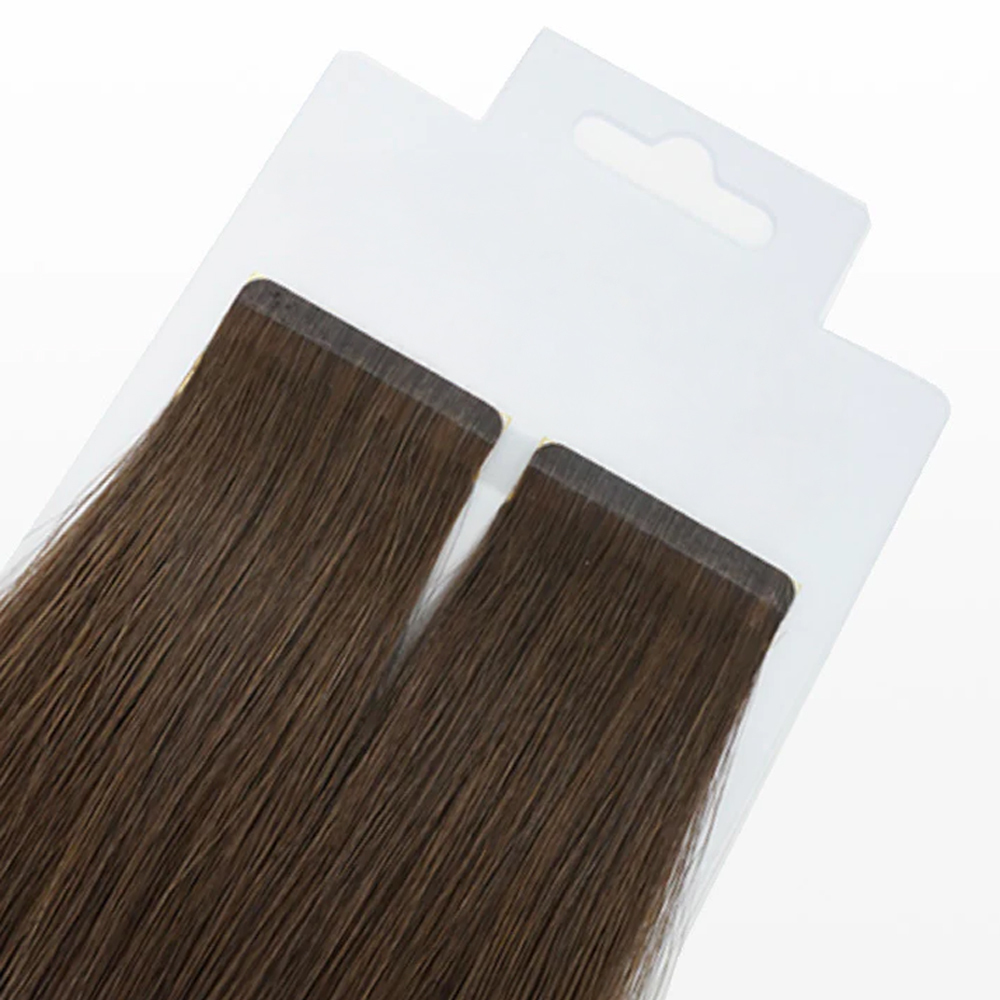 Products Premium 100% virgin remy cuticle human hair slim tape extensions featuring an ultra-narrow PU base in dark brown for B2B wholesale salons and brands.