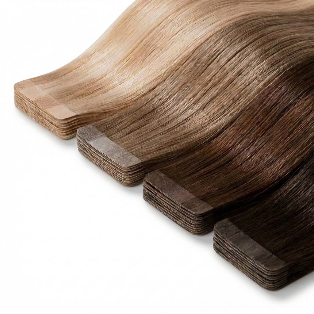 Products Premium 100% virgin remy cuticle human hair seamless PU tape in extensions stacked in blonde and brown colors for B2B wholesale salons and online brands.