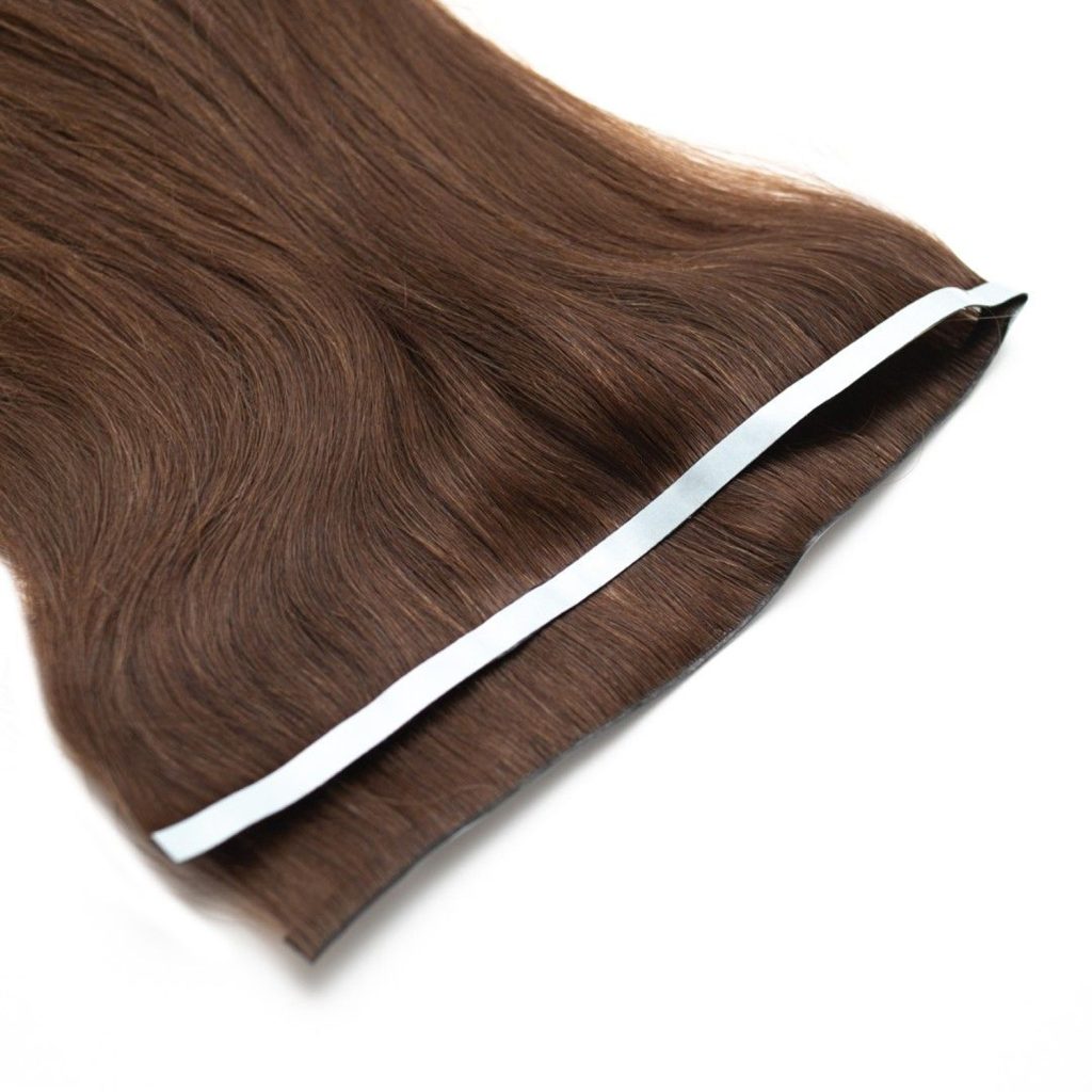 Products 100% virgin remy cuticle human hair seamless tape weft extensions in rich brown shade for salon professionals.