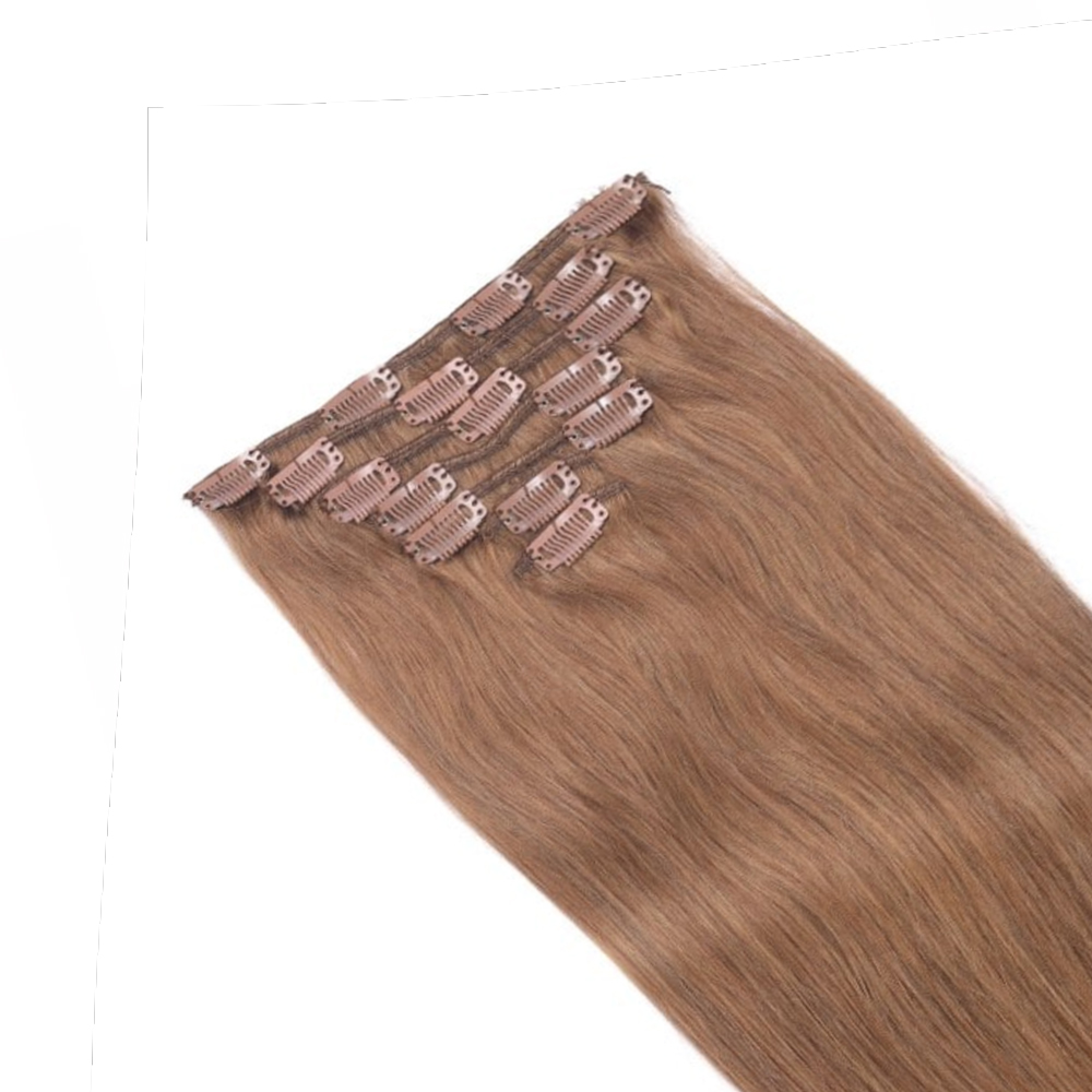 Products Light brown classic clip in virgin remy cuticle hair extensions from a 16-year wholesale factory supplying European and USA markets.